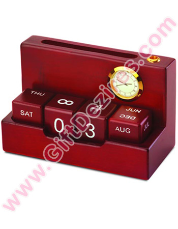 Wooden Multi-Utility DeskTop Product having Table Calendar - Table Clock - Pen Stand - Card Holder (Red Color)
